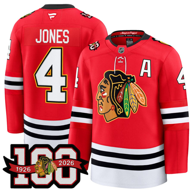 Men's Chicago Blackhawks #4 Seth Jones Red 2025 Home 100th Anniversary With A Patch  Stitched Hockey Jersey